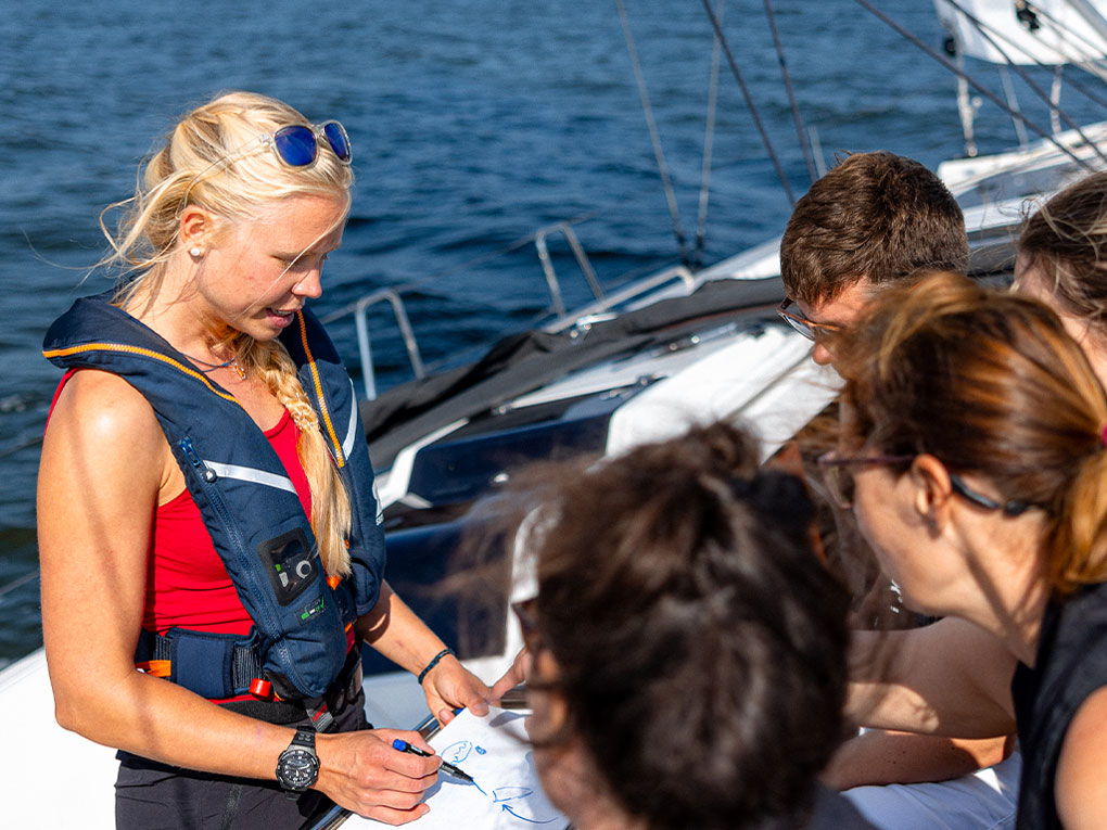 Eine Person (Manöverleitung) erklärt einer Gruppe von Menschen (Crew) auf einem Whiteboard, wie das nächste Manöver funktioniert. Sie befinden sich auf einem Segelboot. Im Hintergrund ist blaues Wasser zu sehen.